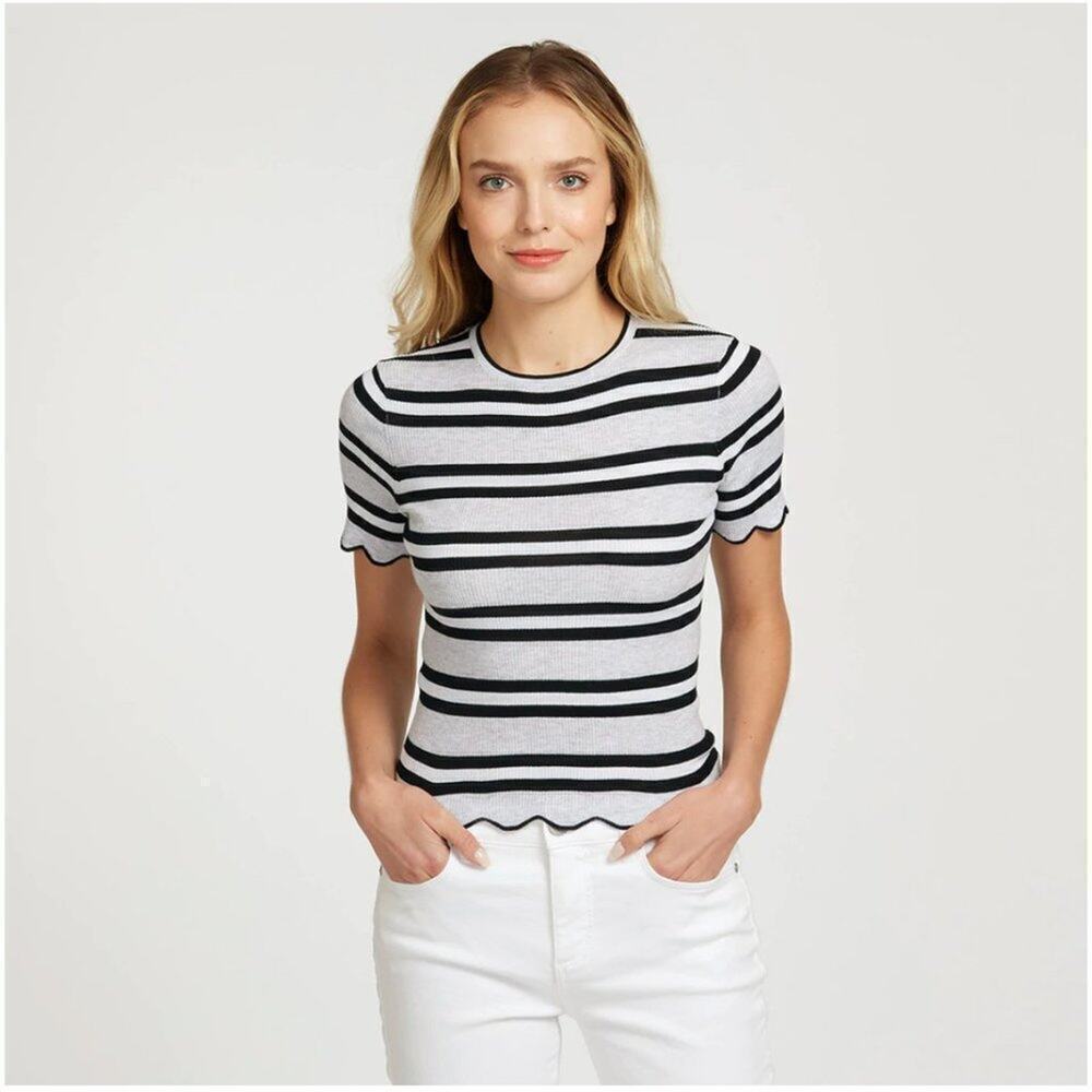 AUTUMN CASHMERE Striped Scallop Edge Ribbed Baby Tee.  Size S